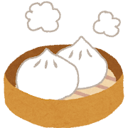 蒸し器に入った湯気が出ている肉まんのイラスト